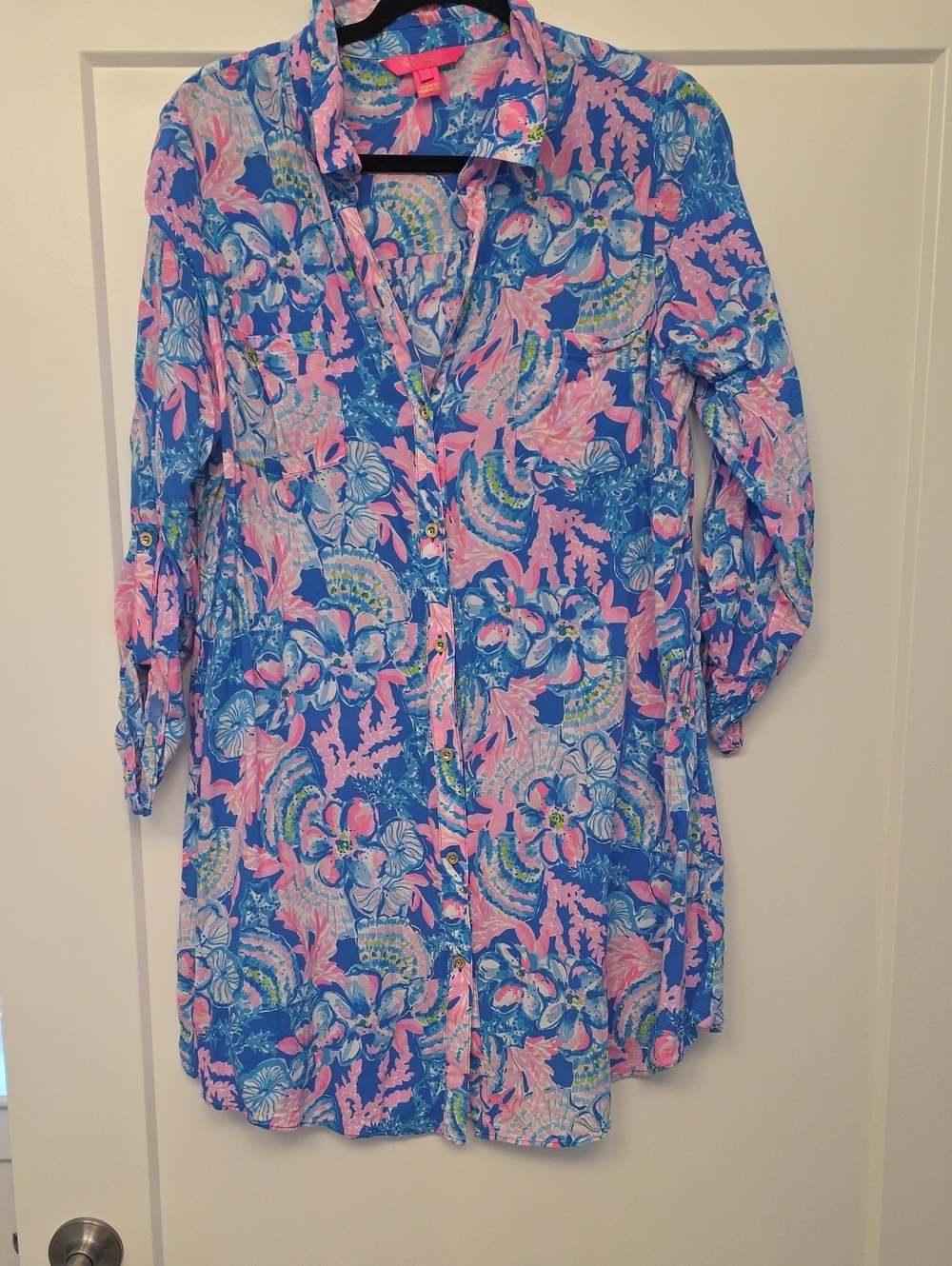 Lilly Pulitzer Blue, Pink and Green Floral Long-Sleeve Button Dress